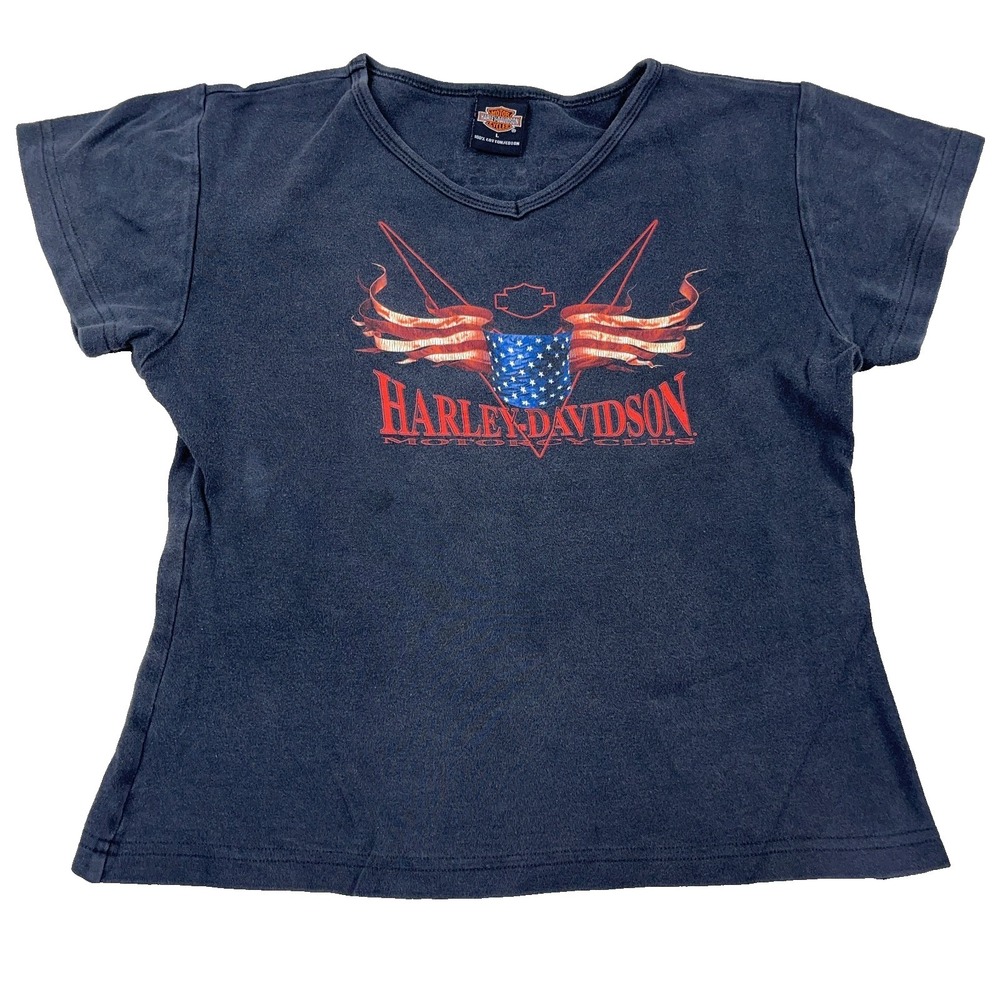 Vintage Y2K Harley Davidson Shirt Women Large Black Tank Top V Neck Tattoo Faded